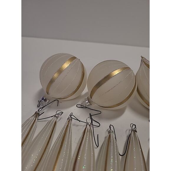 Christmas Ornaments Glass White Gold Frosted Glitter Set of 17 - Three Shapes - Picture 2 of 10